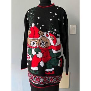 Vtg 80s Christmas teddy bear sweater M siblings ice skating winter holiday cute